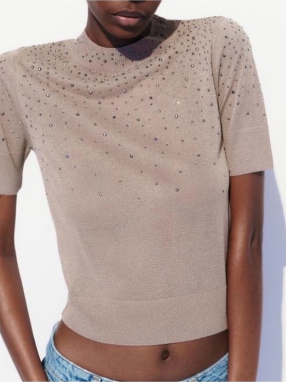 ZARA Taupe Shiny Short Sleeve Beaded Knit Top Size M